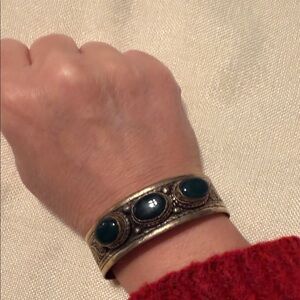 Mixed metal, Tibetan Green stone Cuff Bracelet